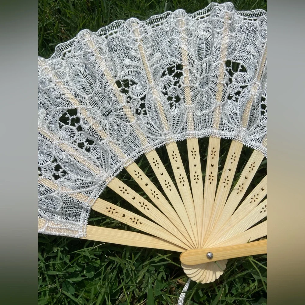 Ivory Lace Fan with Floral Design, Large Beige Lace Fan for Wedding Ceremony